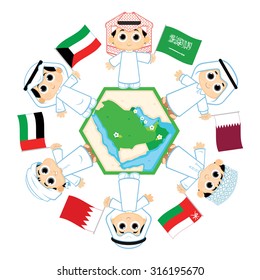 Children Surrounding The Map Of Countries Which Belongs To Gulf Cooperation Council ( Bahrain, Kuwait, Oman, Qatar, Saudi Arabia, And The United Arab Emirates )