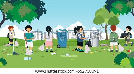 Children are sweeping and cleaning the playground.