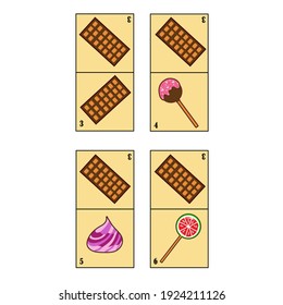 Children sweets dominoes. Children educational game. Printable activity, board game. Candy for kids. Vector illustration. Chocolate, lollipops and marshmallows.