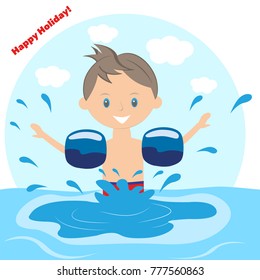 Children swim and play in the swimming pool