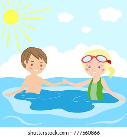 Children swim and play in the swimming pool