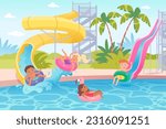 Children swim and play in water pool of aqua park vector illustration. Cartoon kids ride inflatable rings on waterslide of aquapark, happy boys and girls swimming, enjoying fun summer activity