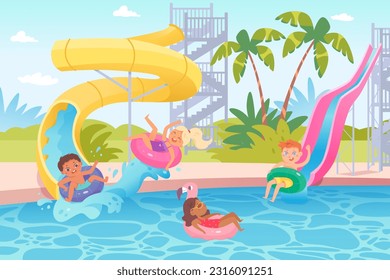 Los niños nadan y juegan en la piscina de agua de la ilustración de los vectores del parque acuático. Niños de dibujos animados montan anillos inflables en el tobogán acuático del parque acuático, niños y niñas felices nadando, disfrutando de divertida actividad de verano