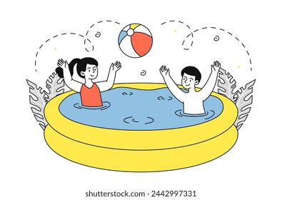 Children swim in pool simple. Boy and girl with rubber ball. Leisure and rest outdoor in summer season. Friends plays together. Doodle flat vector illustration isolated on white background