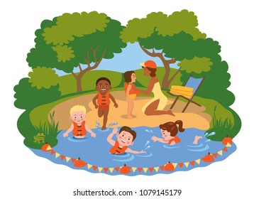 Children Swim In The River In Life Vests. 
Kids Summer Camp. Safety On The Water