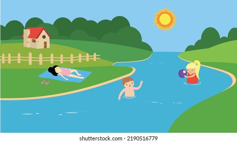 children swim in the river and sunbathe