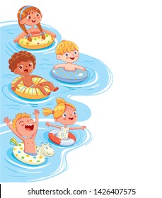 Children swim in a sea or a pool on lifebuoys and inflatable rubber circles. Page layout template for your design. Template for advertising brochure. Ready for your message. Funny cartoon character