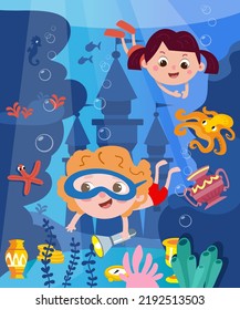 Children swim underwater with fish, seahorse, stars, octopus, creatures. Nature and algae of the ocean. Castle and characters in cartoon style. Vector illustration, full color.