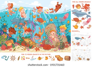 Children swim underwater with marine life. Kids snorkeling. Sport. Find all animals. Find 10 hidden objects in the picture. Puzzle Hidden Items. Funny cartoon character. Vector illustration. Set