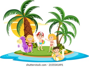 Children Swiming In The Sea On The Island Illustration