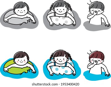 Children swimming with doughnut　floats.