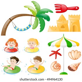 Children swimming and beach objects illustration
