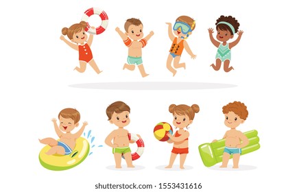 Children in swimming clothes with inflatable toys. Vector illustration.