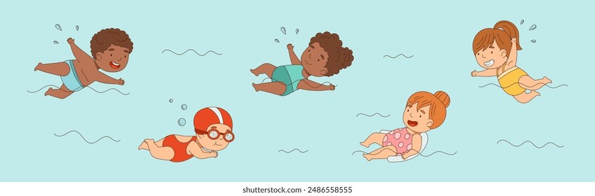 Children Swimming and Floating in Water Vector Set