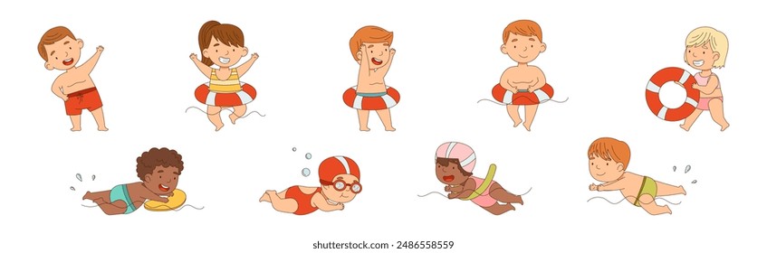 Kinder Schwimmen und Schwimmen im Wasser Vektorgrafik Set