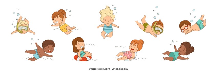 Children Swimming and Floating in Water Vector Set