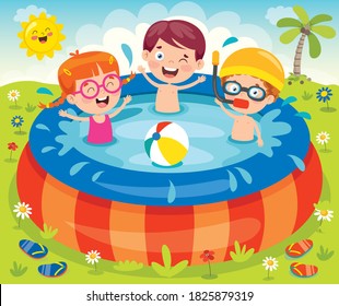 Children Swimming In An Inflatable Pool