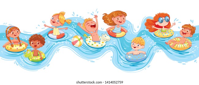 Children Swimming And Jumping On The Waves. Kids Having Fun On Water Slides Tubes At Aquapark. Funny Kid On Inflatable Rubber Circle. Summer Time. Attractions Concept. Seamless Panorama Sea Wave