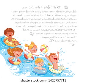 Children Swimming And Jumping On The Waves. Kids Having Fun On Water Slides Tubes At Aquapark. Summer Time. Page Layout Template For Your Design. Advertising Brochure. Ready For Your Message