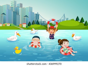 Children swimming in the lake illustration