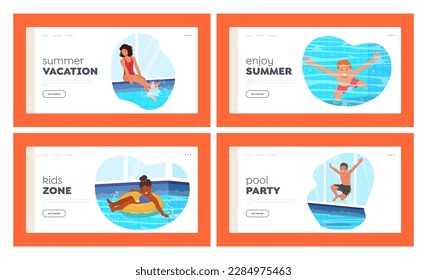 Children Swimming Landing Page Template Set. Girls and Boys Characters Joyfully Playing In Blue Pool, Jumping, Diving And Splashing Water During Summer Holidays. Cartoon People Vector Illustration