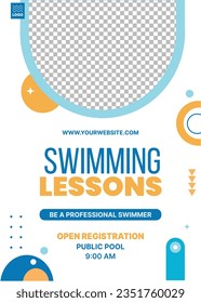 Kinder im Schwimmen. Schwimmunterricht. Schwimmübungskonzept. Vektorgrafik. Poster, Banner, Flyer, Vorlage. Social Media-Post. Poster zum Schwimmen. Coaching.