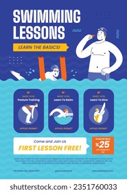 Children Swimming Lessons. swimming classes background. swimming training concept. Vector Illustration. Poster, Banner, Flyer, Template. social media post. Swimming lesson promotion poster. Coaching.