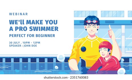 Kinder im Schwimmen. Schwimmunterricht. Schwimmübungskonzept. Vektorgrafik. Poster, Banner, Flyer, Vorlage. Social Media-Post. Poster zum Schwimmen. Coaching.