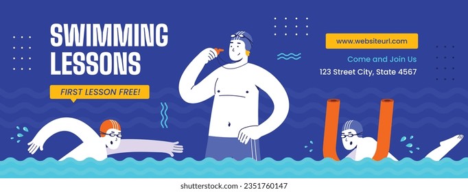 Children Swimming Lessons. swimming classes background. swimming training concept. Vector Illustration. Poster, Banner, Flyer, Template. social media post. Swimming lesson promotion poster. Coaching.