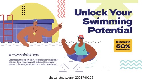 Niños Nadando Lecciones. clases de natación de fondo. concepto de entrenamiento de natación. Ilustración vectorial. Cartel, cartel, volante, plantilla. publicación en medios sociales. Cartel de promoción de clases de natación. Coaching.
