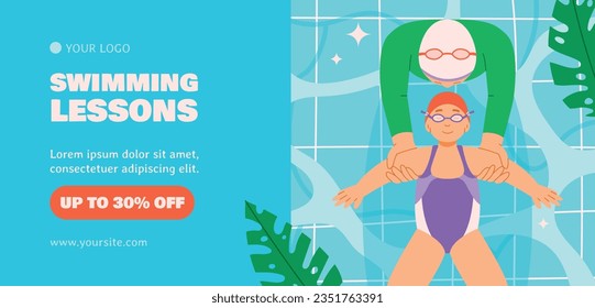 Children Swimming Lessons. swimming classes background. swimming training concept. Vector Illustration. Poster, Banner, Flyer, Template. social media post. Swimming lesson promotion poster. Coaching.