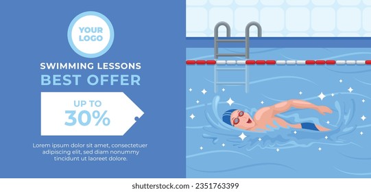 Niños Nadando Lecciones. clases de natación de fondo. concepto de entrenamiento de natación. Ilustración vectorial. Cartel, cartel, volante, plantilla. publicación en medios sociales. Cartel de promoción de clases de natación. Coaching.