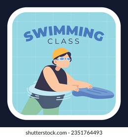 Kinder im Schwimmen. Schwimmunterricht. Schwimmübungskonzept. Vektorgrafik. Poster, Label, Aufkleber, Vorlage. Social Media-Post. Poster zum Schwimmen. Coaching.