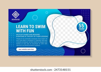 Children Swimming Lessons. learn to swim with fun background. Vector Illustration in horizontal layout. Poster, Banner, Flyer, Template. social media post. promotion poster. Coaching. papercut concept