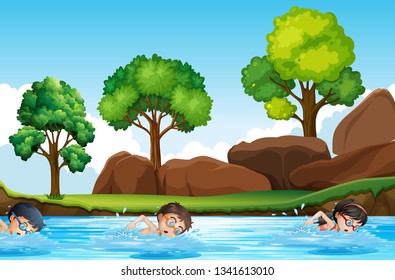 Children swimming in nature illustration