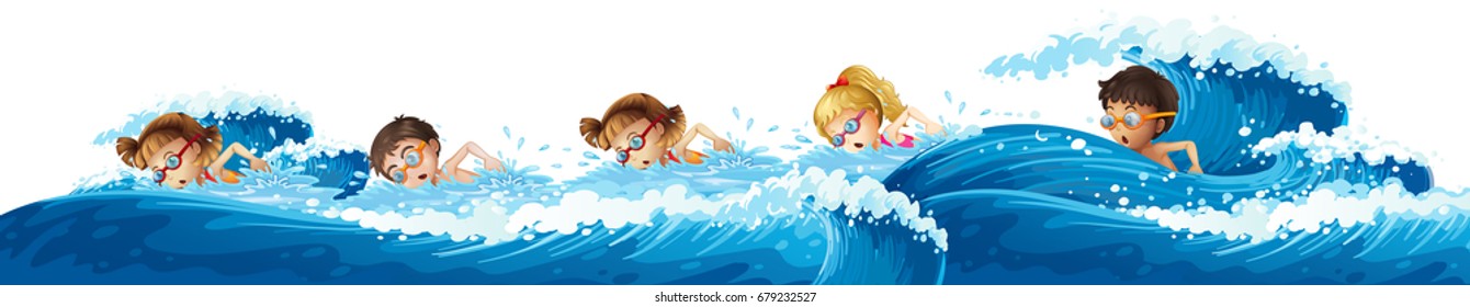 Children swimming in the ocean illustration