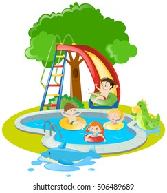 Children swimming and playing slide in pool illustration
