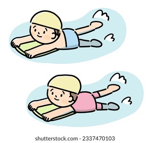 Children in  swimming  in pool during swimming lesson.