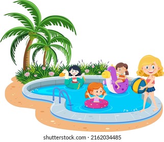 Children at swimming pool illustration