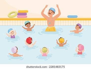 Children in Swimming Pool with Man Coach Teaching Them Vector Illustration