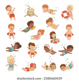 Children Swimming in Pool and Sea Water Splashing Vector Set