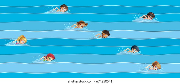 Children in swimming race illustration