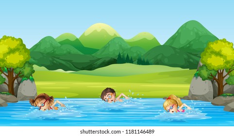 Children Swimming In The River Illustration