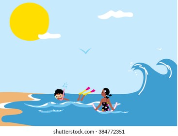 Children swimming in the sea. Big waves crashing behind them
