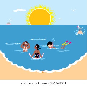 Children Swimming In The Sea. Kids Summer Camp. Vector Illustration.