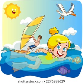 children swimming in the sea in summer cartoon vector
