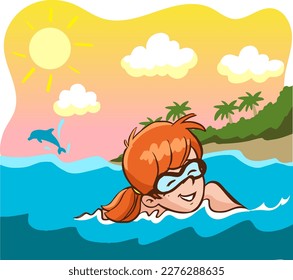 children swimming in the sea in summer cartoon vector