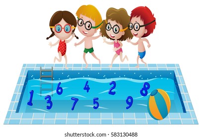 Children in swimming suit playing with numbers in the pool illustration