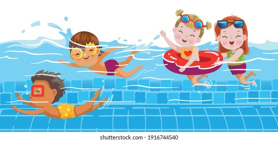 Children swimming underwater in the pool. Children play with a group of friends in the summer.