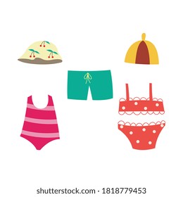 Children Swimsuit Set - Collection Of Summer Swimwear For Little Kids Isolated On White Background. Cute Colorful Clothes For Swimming And Vacation, Vector Illustration.